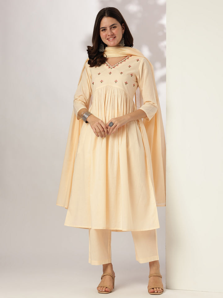 Cream-Cotton-A-Line-Yoke-Embroidered-3-Piece-Kurta-Set