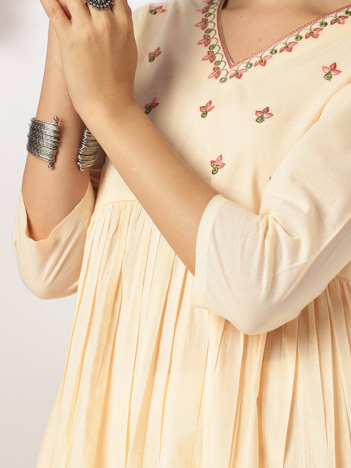 Cream-Cotton-A-Line-Yoke-Embroidered-3-Piece-Kurta-Set