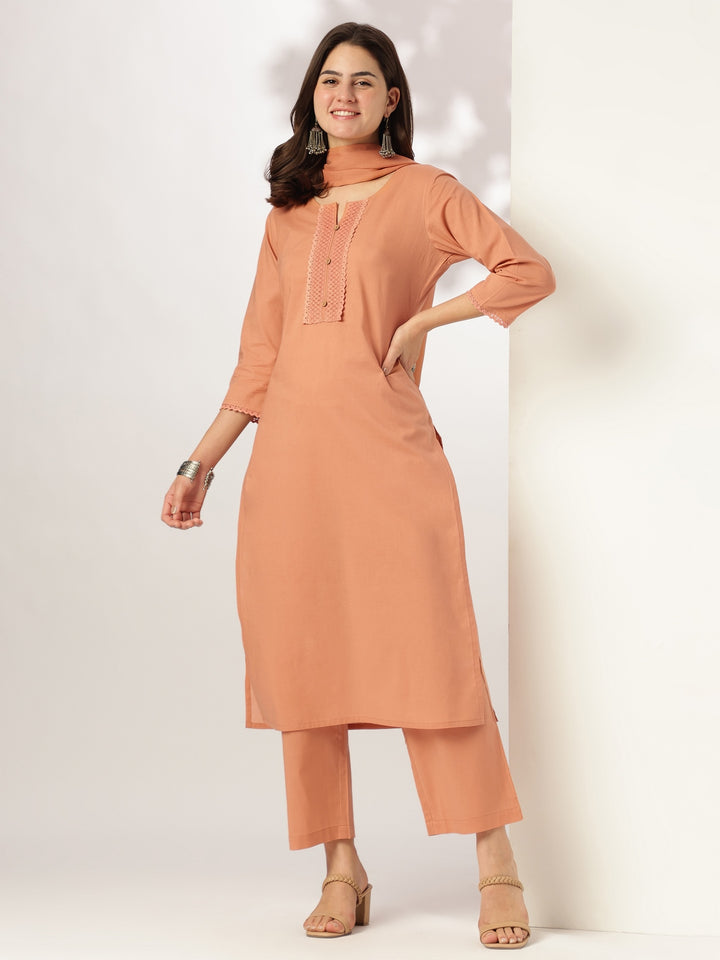 Rust-Cotton-Straight-Solid-3-Piece-Kurta-Set