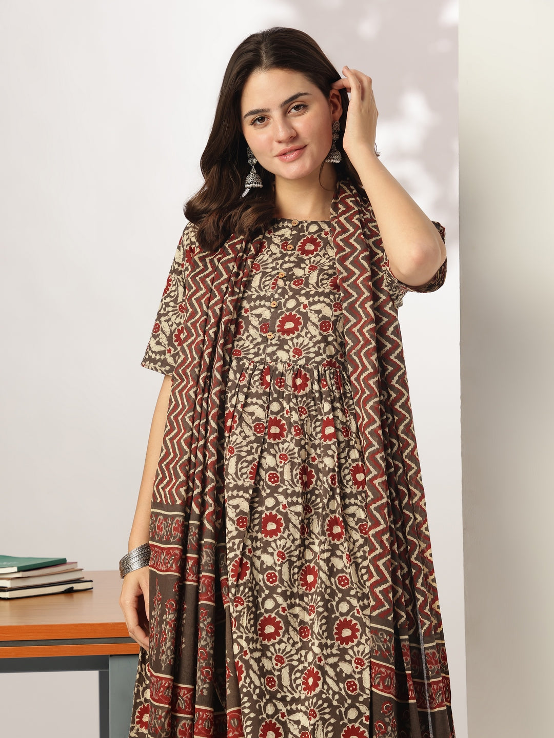 Brown-Cotton-A-Line-Floral-Printed-3-Piece-Kurta-Set
