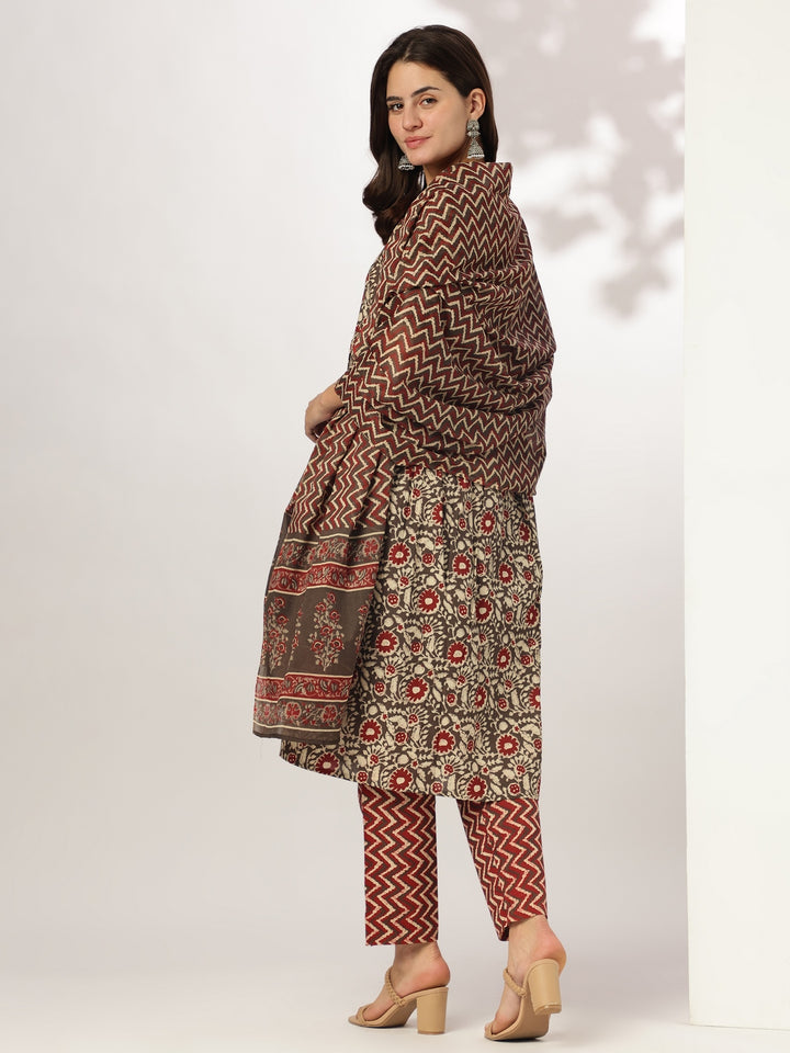 Brown-Cotton-A-Line-Floral-Printed-3-Piece-Kurta-Set