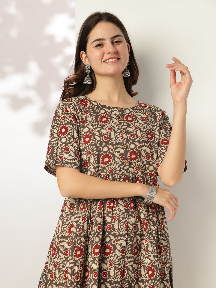 Brown-Cotton-A-Line-Floral-Printed-3-Piece-Kurta-Set