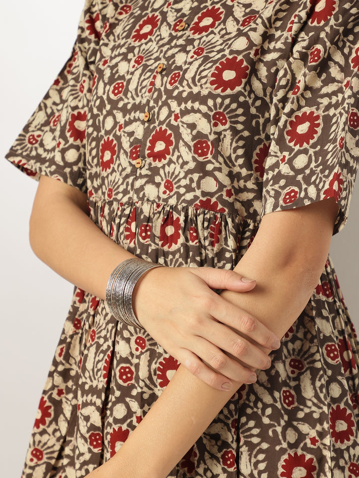 Brown-Cotton-A-Line-Floral-Printed-3-Piece-Kurta-Set