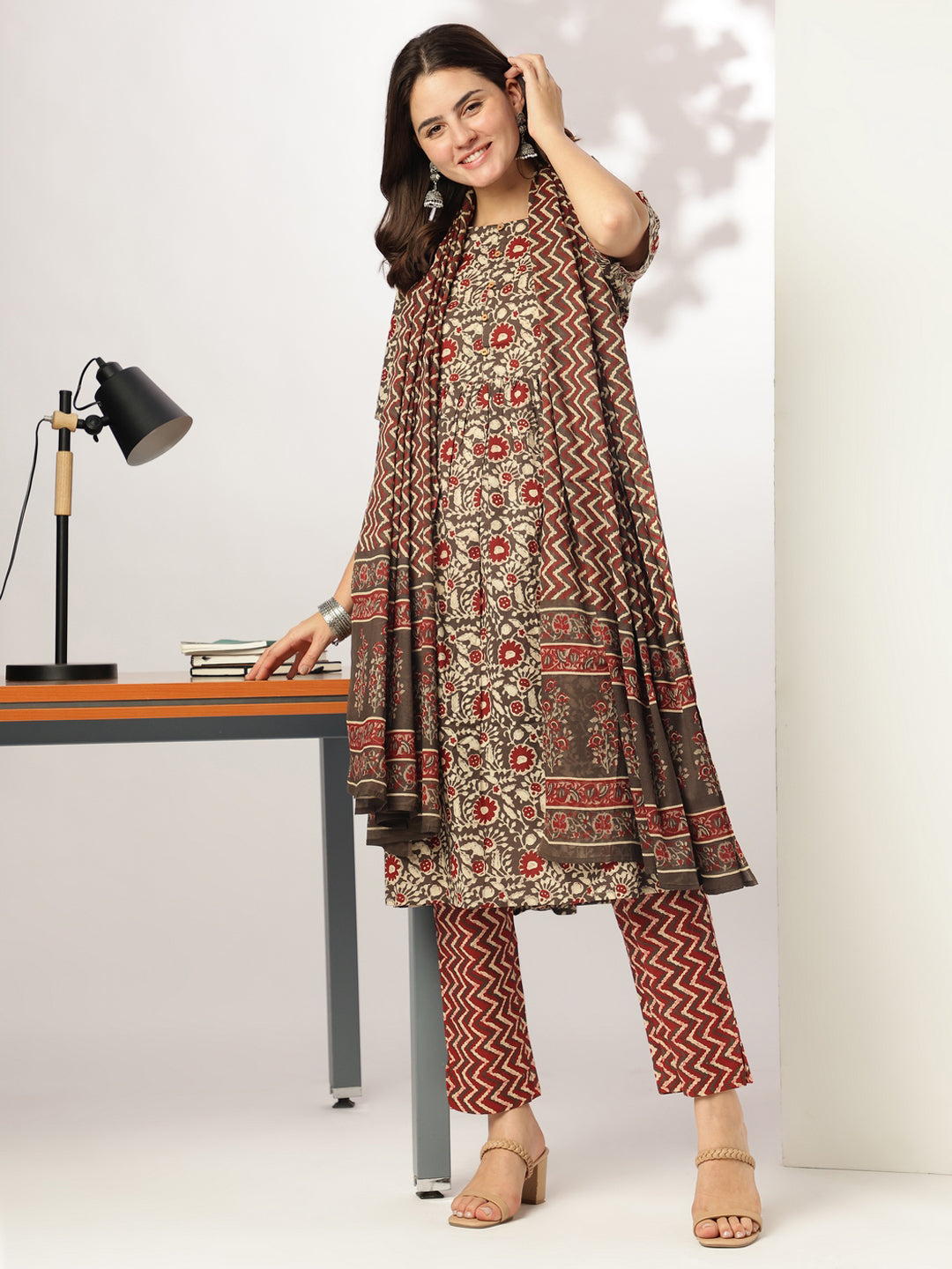 Brown-Cotton-A-Line-Floral-Printed-3-Piece-Kurta-Set