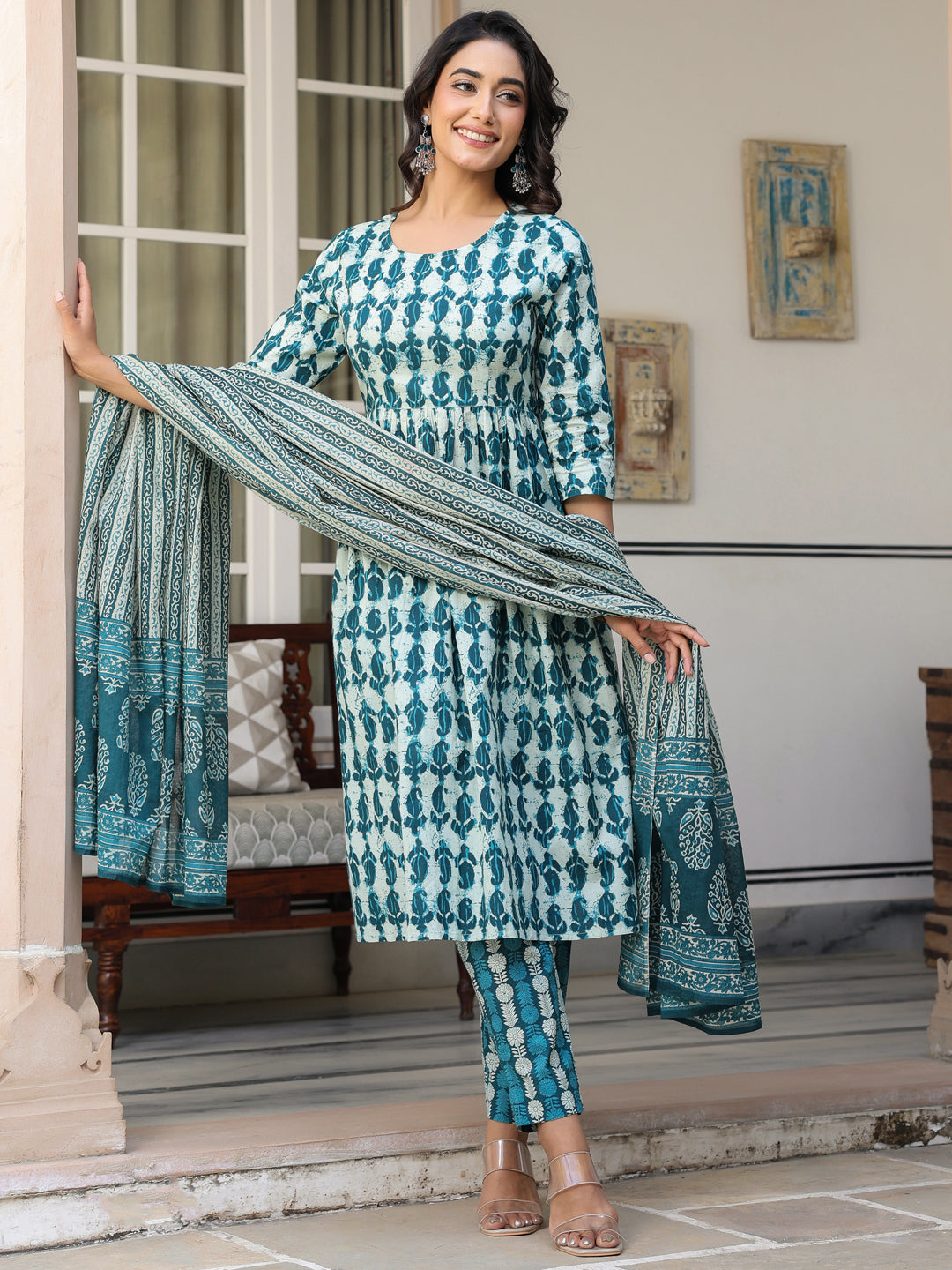 Teal-Cotton-A-Line-Abstract-3-Piece-Kurta-Set