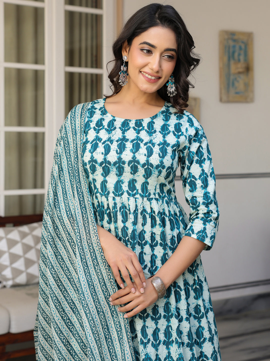 Teal-Cotton-A-Line-Abstract-3-Piece-Kurta-Set