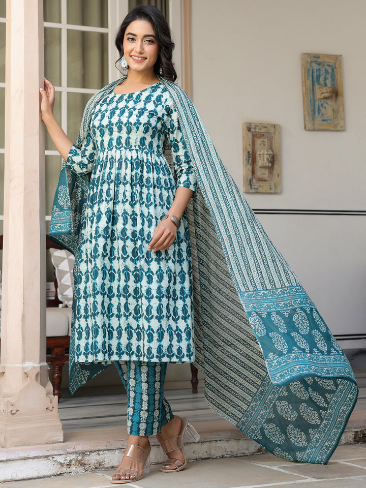 Teal-Cotton-A-Line-Abstract-3-Piece-Kurta-Set