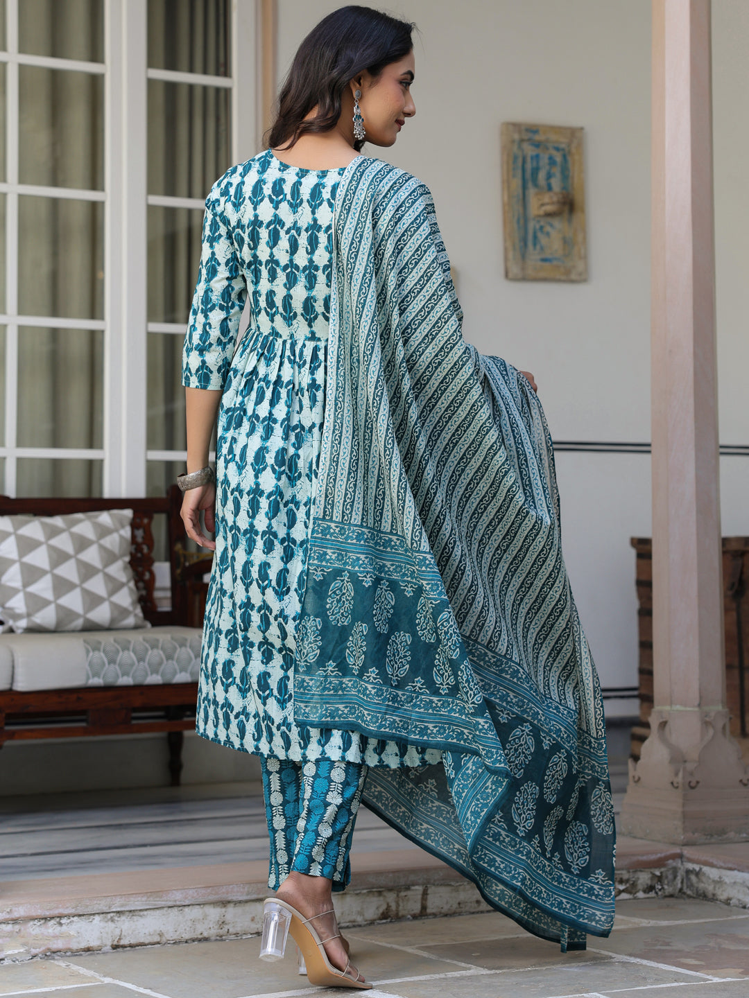 Teal-Cotton-A-Line-Abstract-3-Piece-Kurta-Set