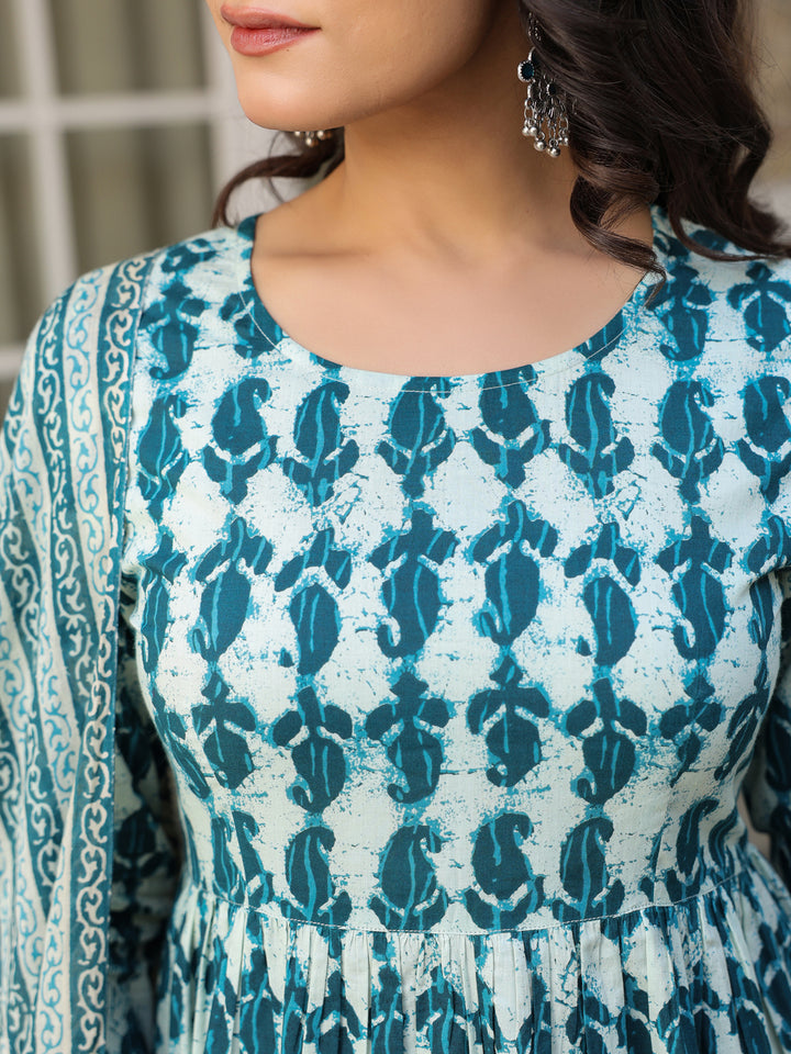 Teal-Cotton-A-Line-Abstract-3-Piece-Kurta-Set