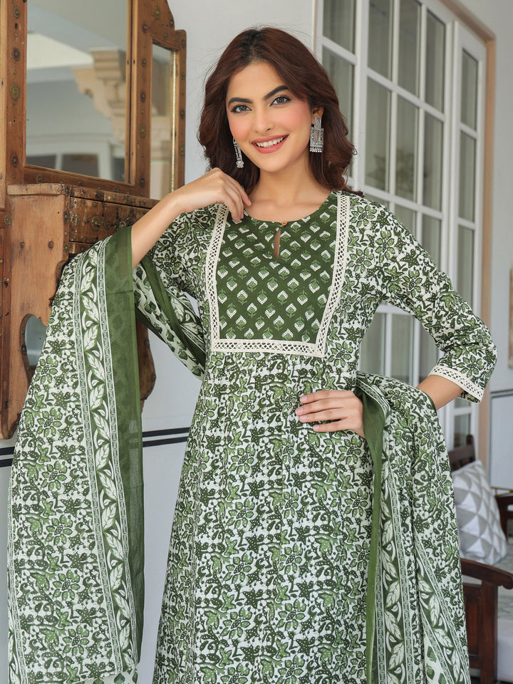 Olive-Cotton-A-Line-Floral-Printed-3-Piece-Kurta-Set