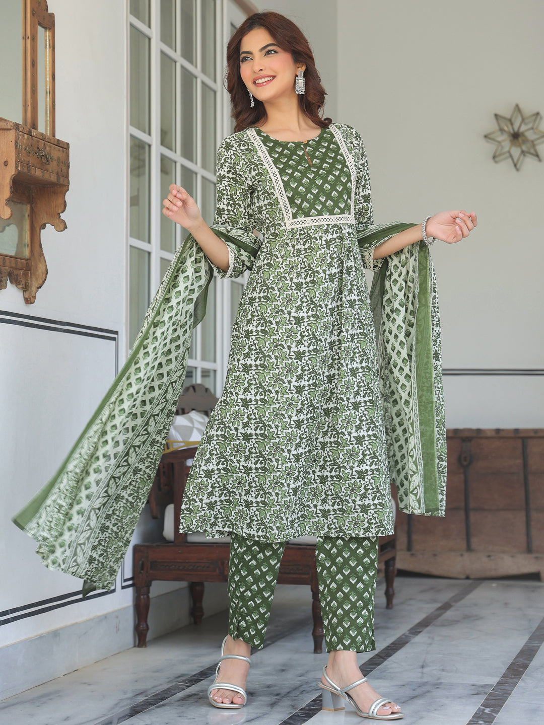 Olive-Cotton-A-Line-Floral-Printed-3-Piece-Kurta-Set