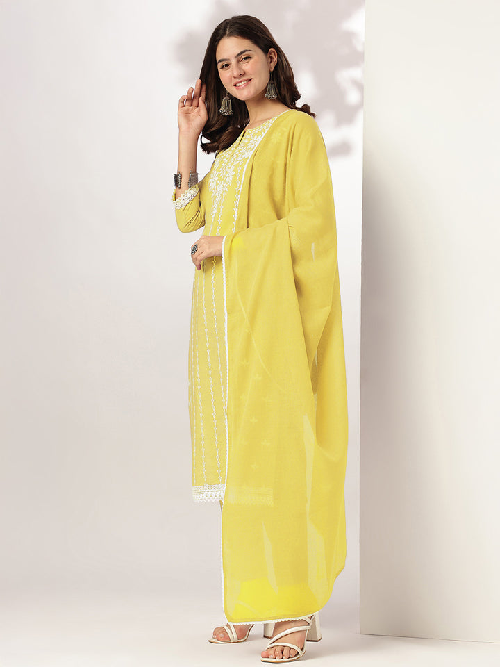 Yellow-Cotton-Straight-Embroidered-3-Piece-Kurta-Set