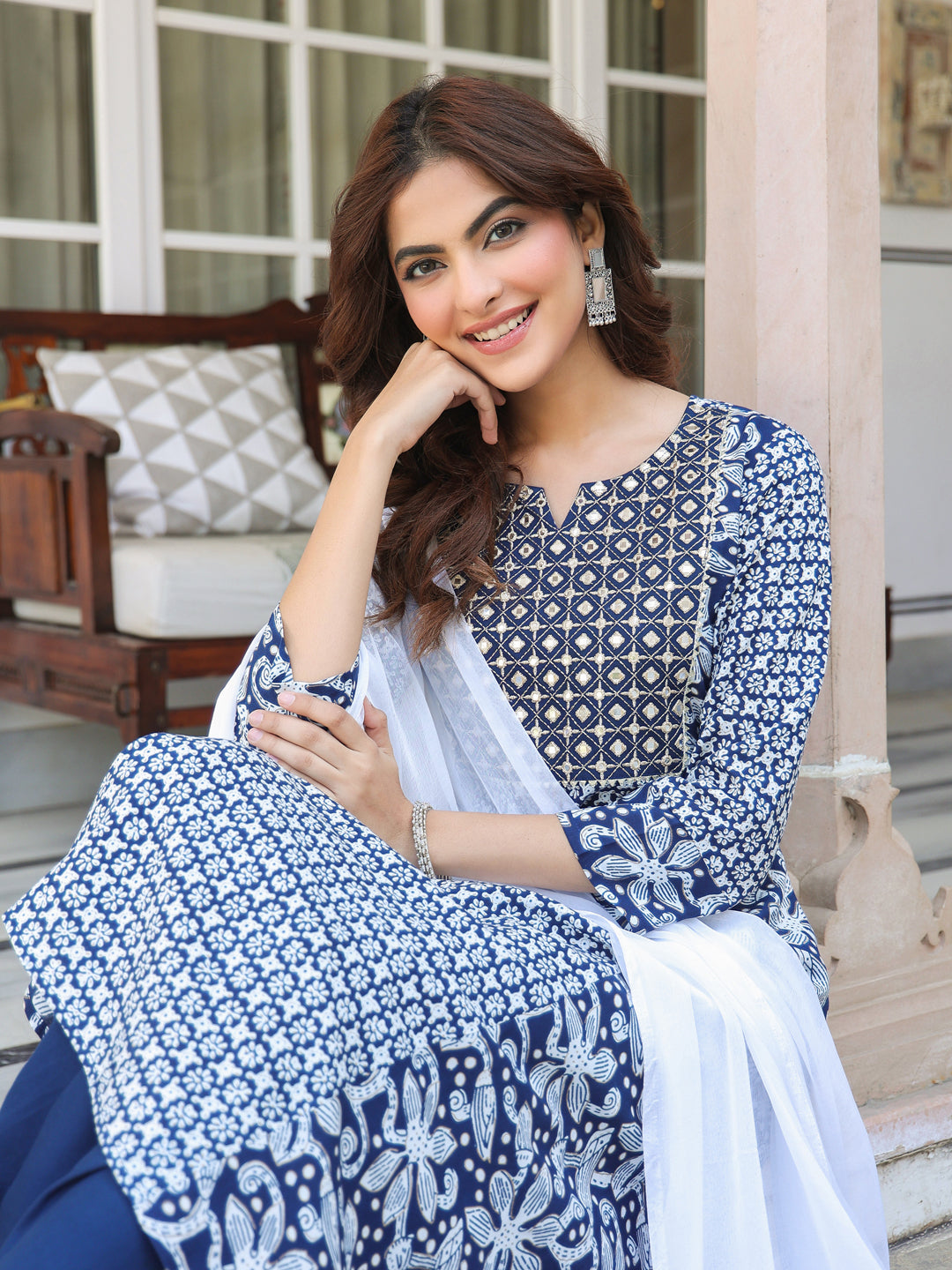Navy-Blue-Rayon-A-Line-Floral-Printed-3-Piece-Kurta-Set