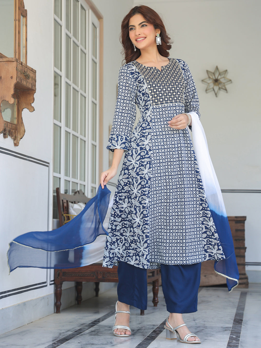 Navy-Blue-Rayon-A-Line-Floral-Printed-3-Piece-Kurta-Set