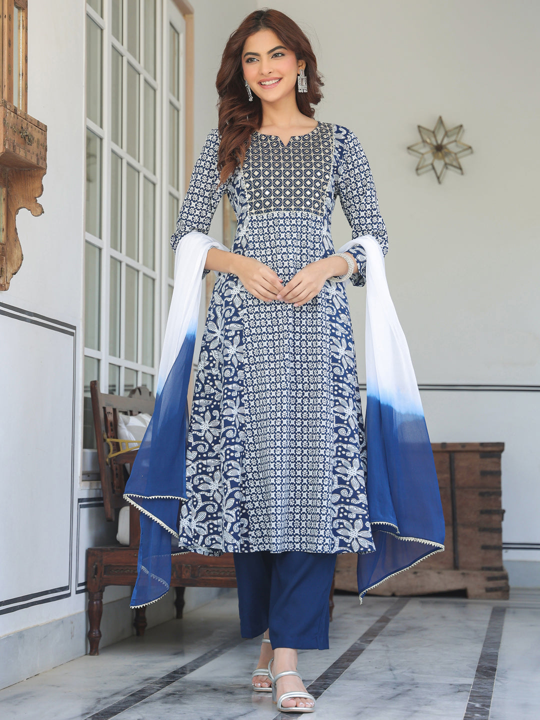 Navy-Blue-Rayon-A-Line-Floral-Printed-3-Piece-Kurta-Set