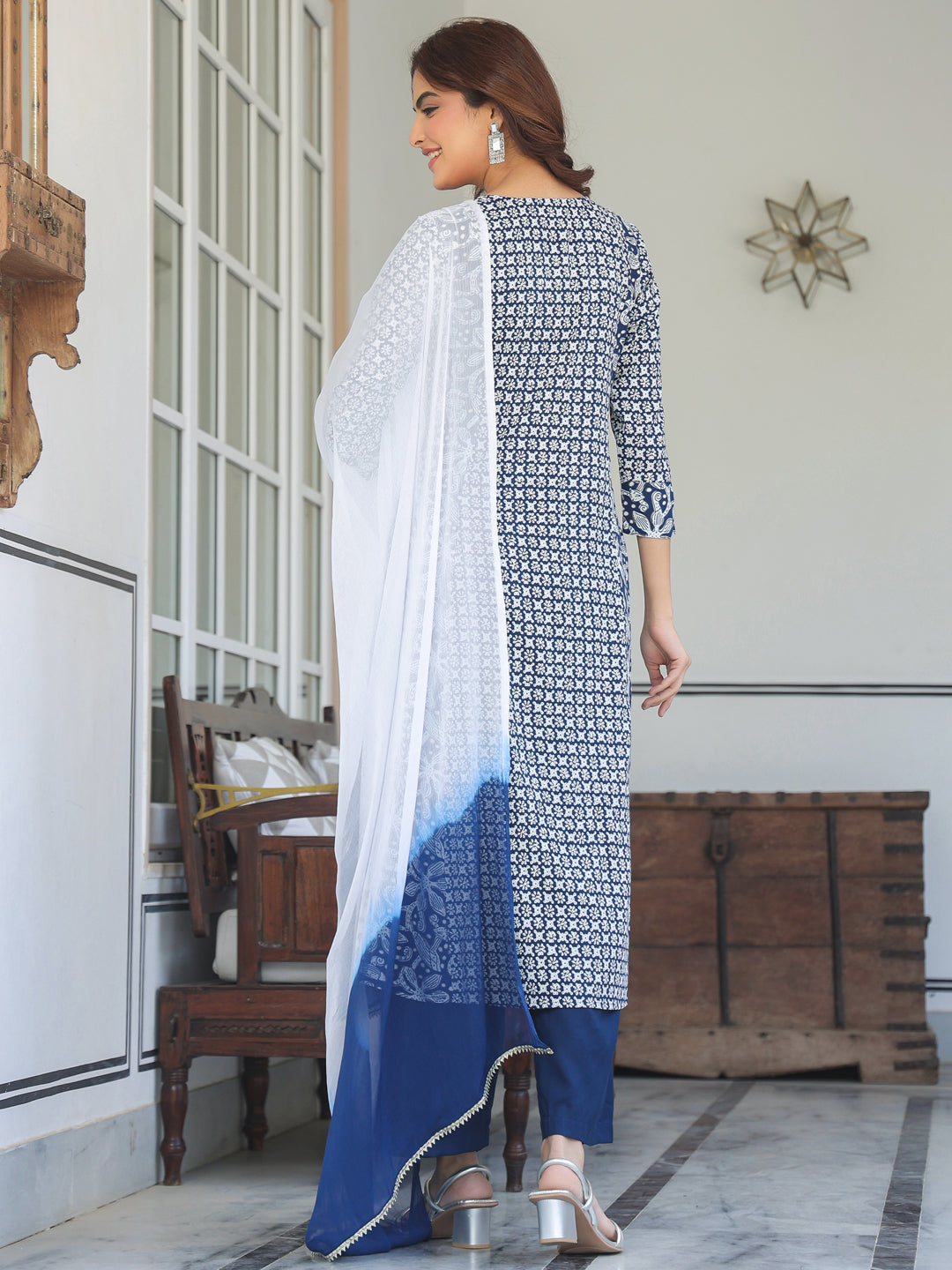 Navy-Blue-Rayon-A-Line-Floral-Printed-3-Piece-Kurta-Set