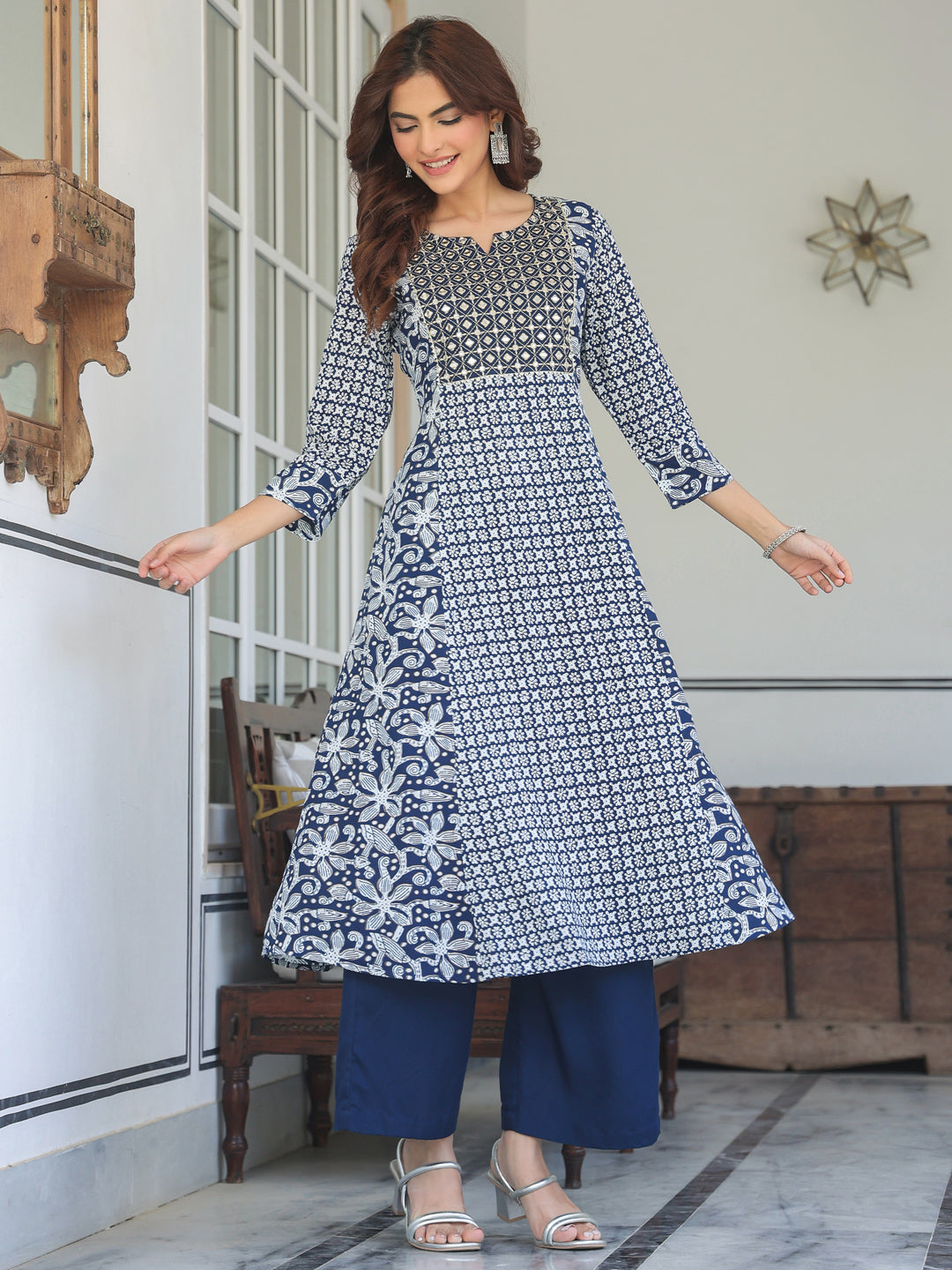 Navy-Blue-Rayon-A-Line-Floral-Printed-3-Piece-Kurta-Set