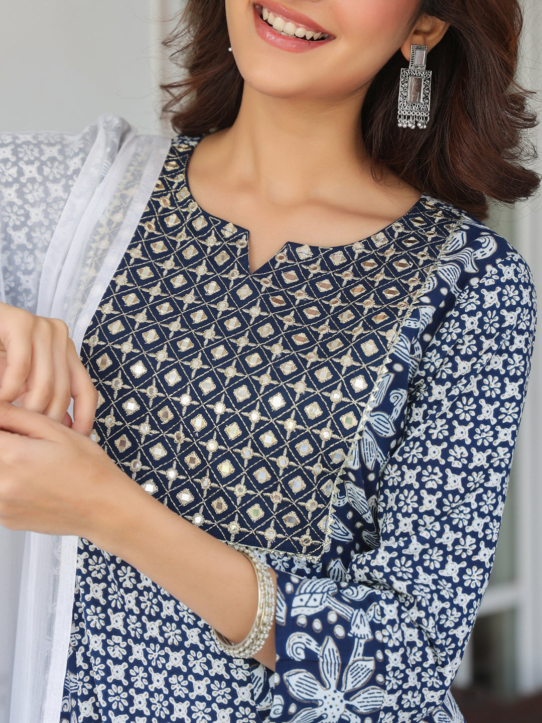 Navy-Blue-Rayon-A-Line-Floral-Printed-3-Piece-Kurta-Set