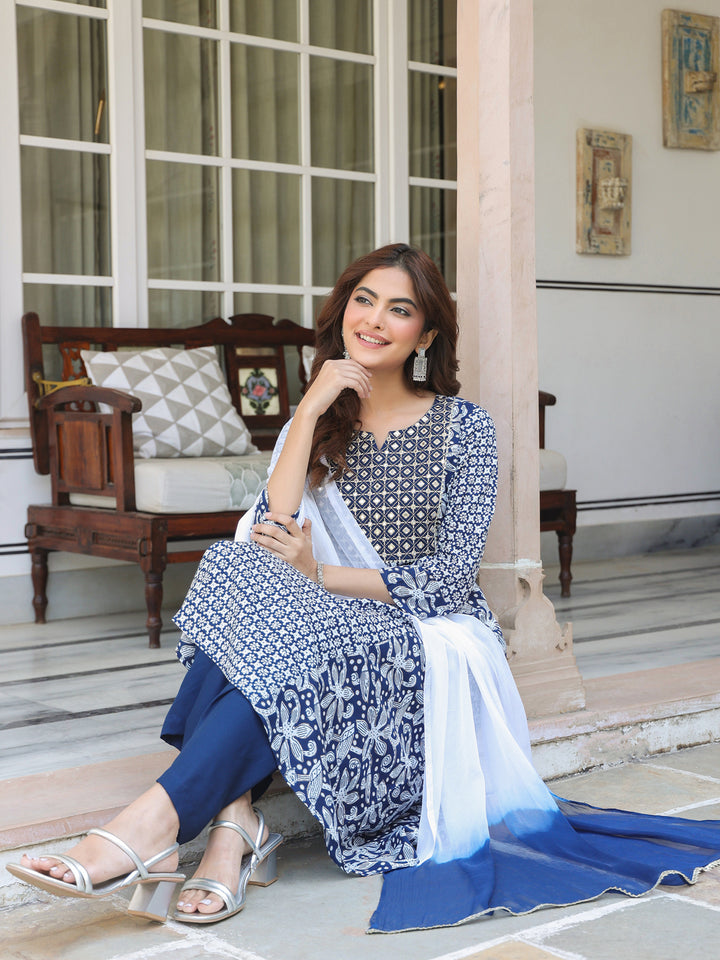 Navy-Blue-Rayon-A-Line-Floral-Printed-3-Piece-Kurta-Set