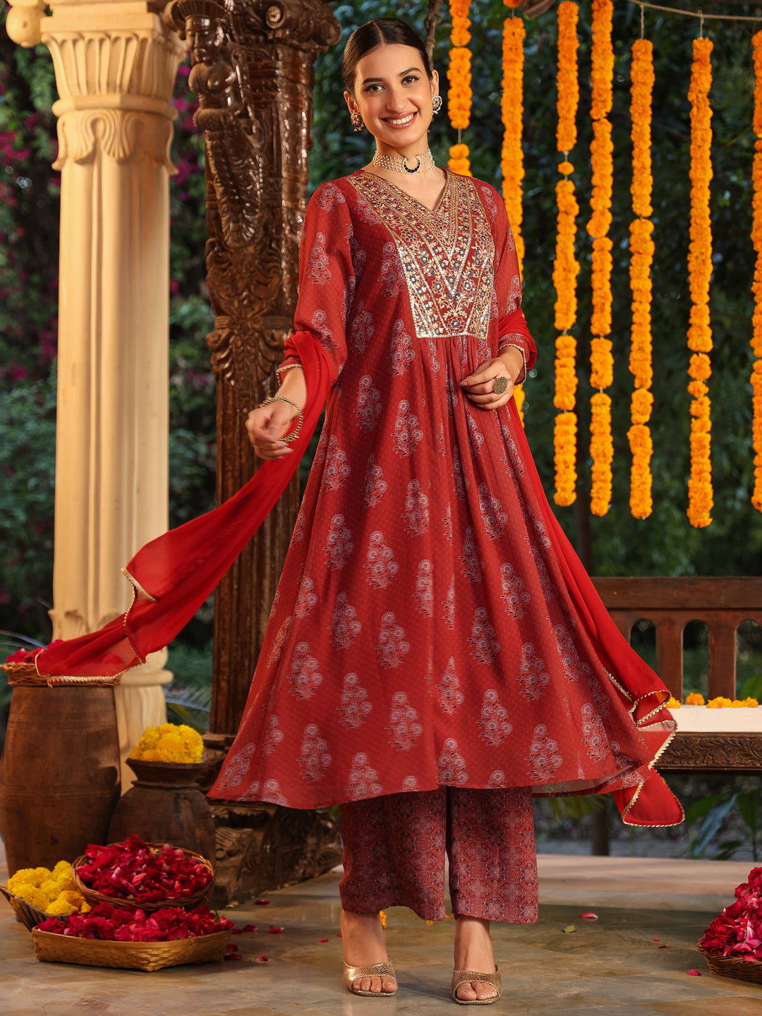 Maroon-Georgette-A-Line-Yoke-Embroidered-3-Piece-Kurta-Set