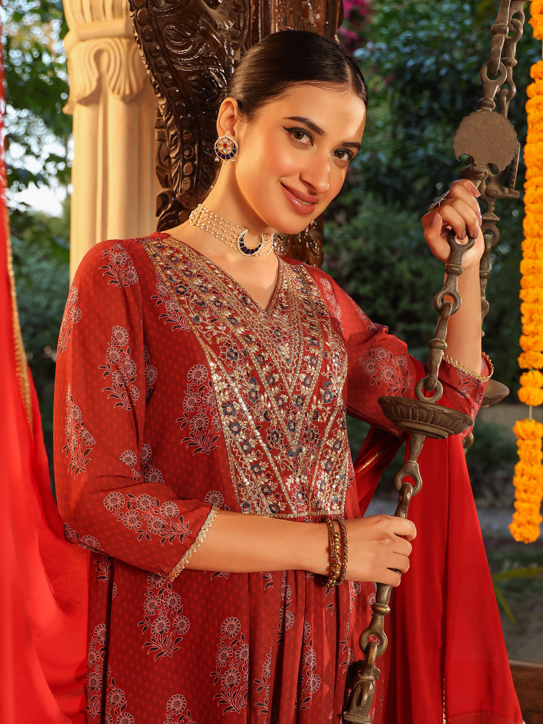 Maroon-Georgette-A-Line-Yoke-Embroidered-3-Piece-Kurta-Set