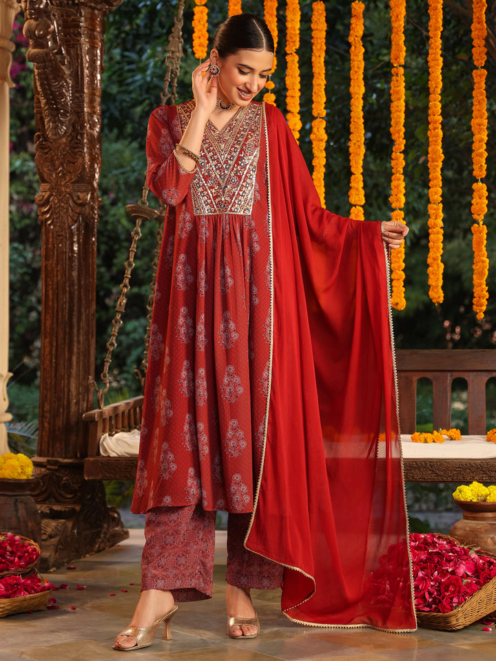 Maroon-Georgette-A-Line-Yoke-Embroidered-3-Piece-Kurta-Set