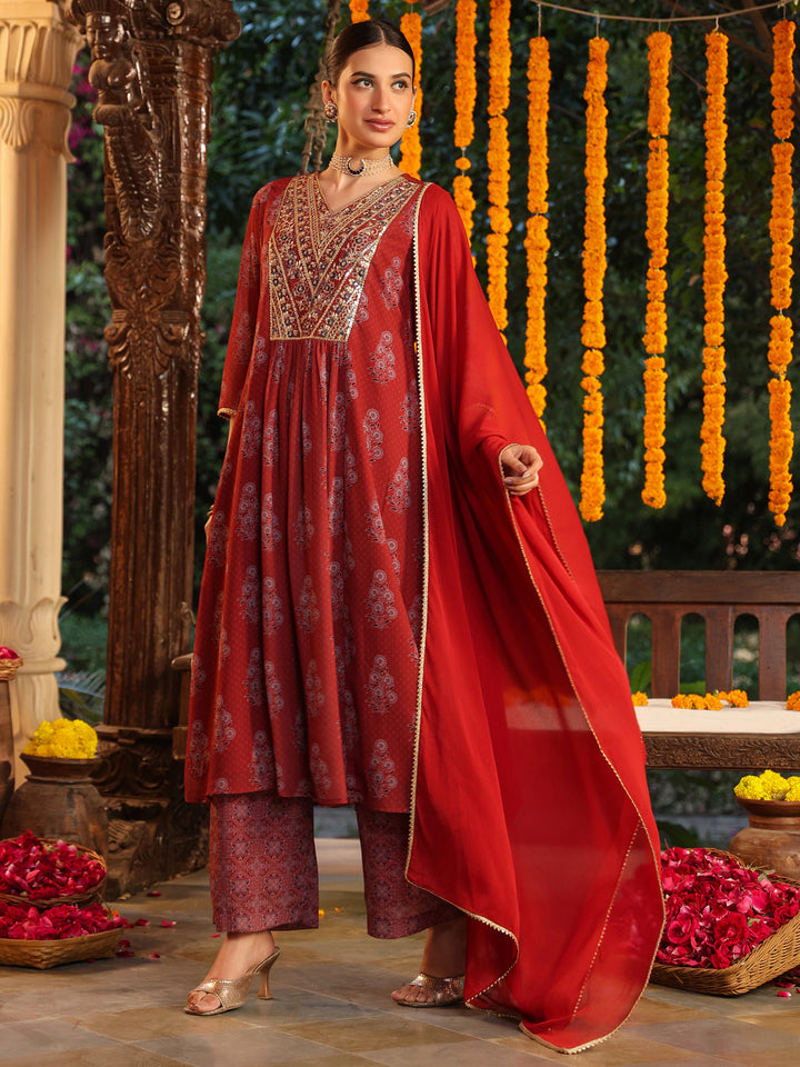 Maroon-Georgette-A-Line-Yoke-Embroidered-3-Piece-Kurta-Set
