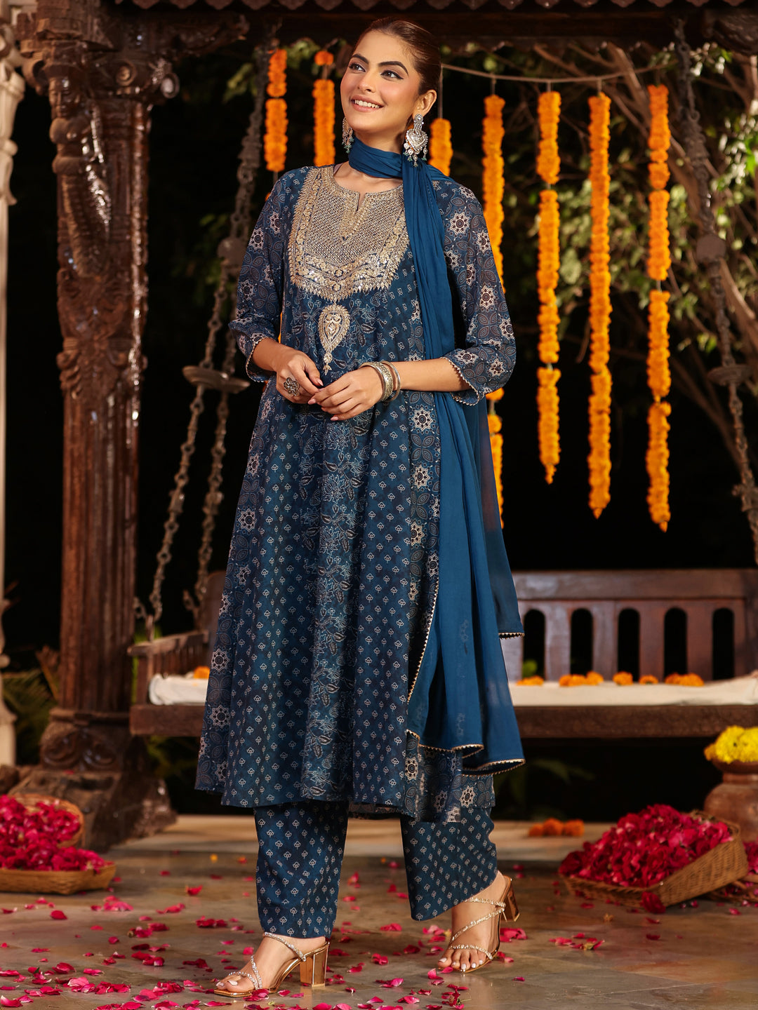 Dark-Blue-Georgette-Ajrakh-Anarkali-Set