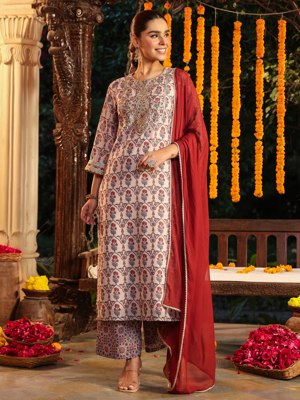 Cream-Georgette-Straight-Ajrakh-3-Piece-Kurta-Set