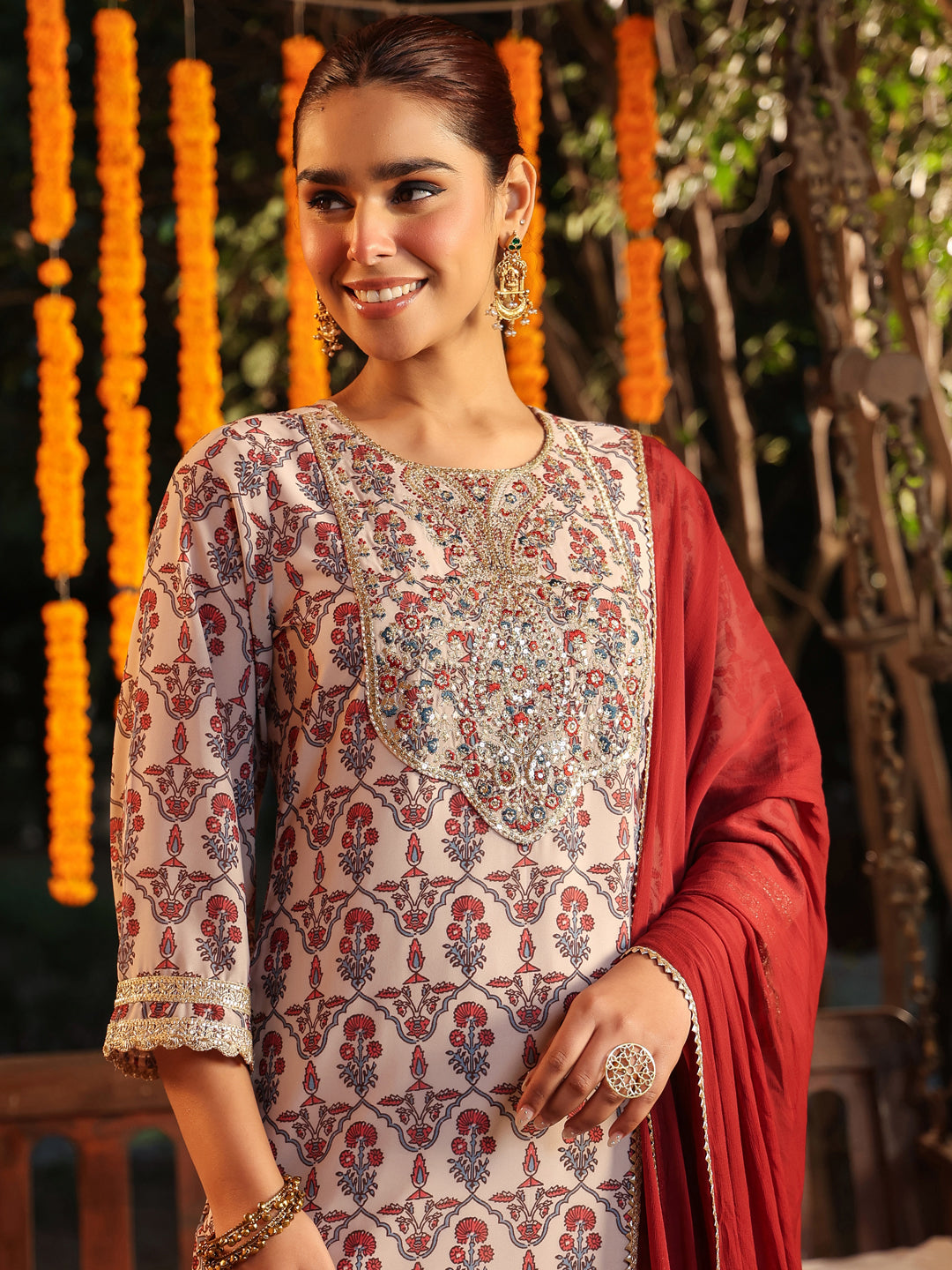 Cream-Georgette-Straight-Ajrakh-3-Piece-Kurta-Set