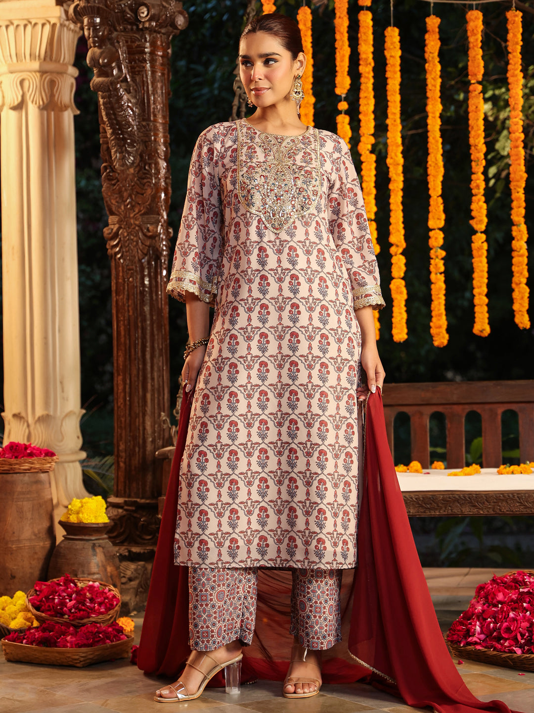 Cream-Georgette-Straight-Ajrakh-3-Piece-Kurta-Set
