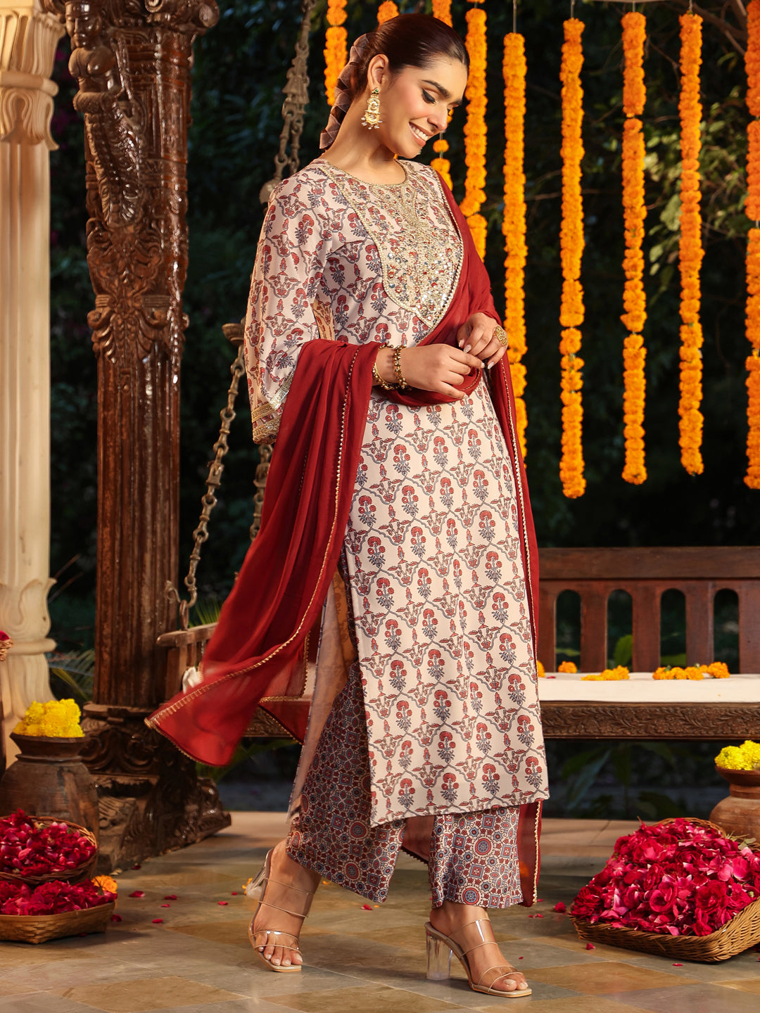 Cream-Georgette-Straight-Ajrakh-3-Piece-Kurta-Set