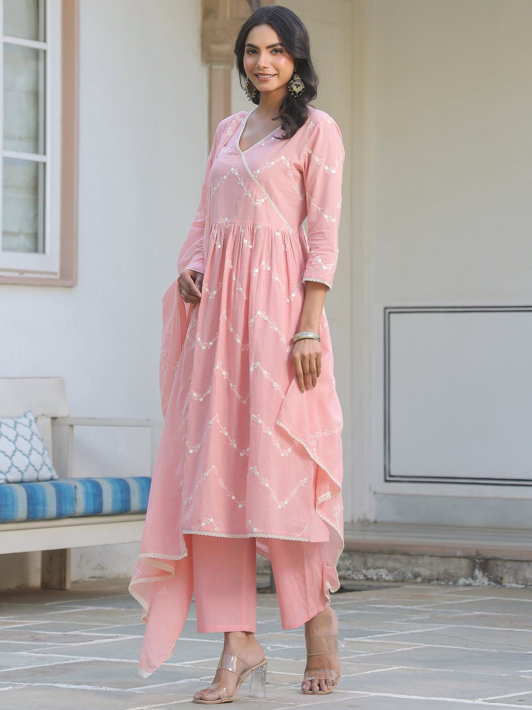 Peach Cotton A-Line Embroidered 3-Piece Kurta Set