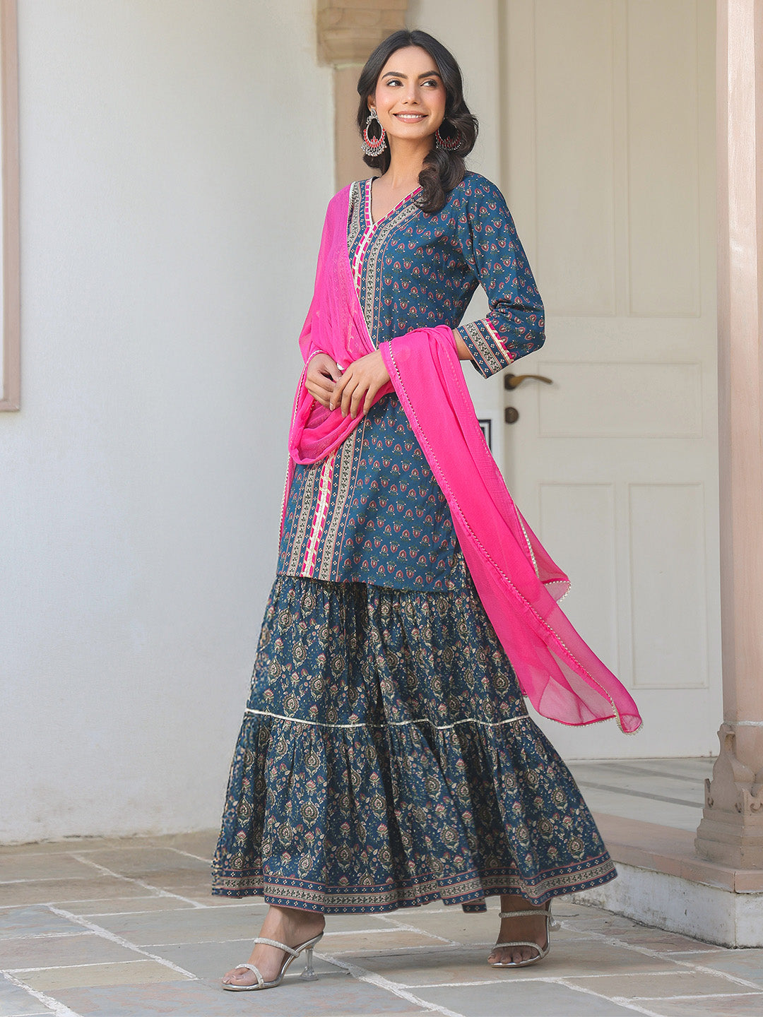 Dark Blue Cotton A-Line Ethnic Motifs 3-Piece Kurta Set