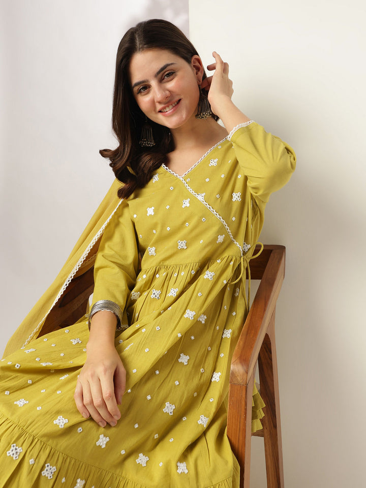 Yellow-Cotton-Angrakha-Embroidered-3-Piece-Kurta-Set