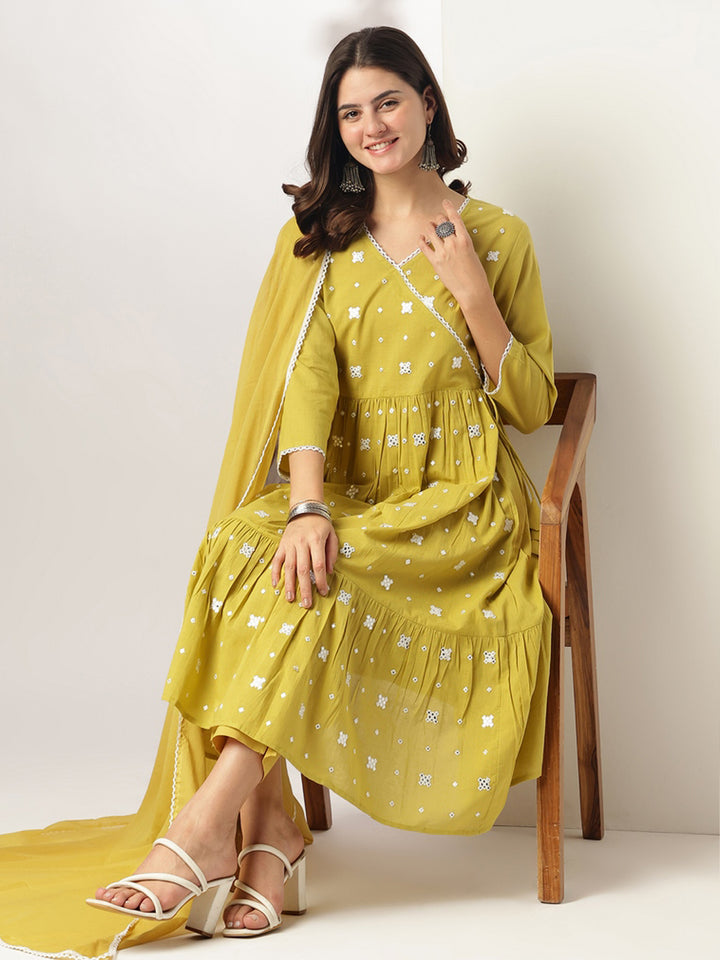 Yellow Cotton Angrakha Embroidered 3-Piece Kurta Set