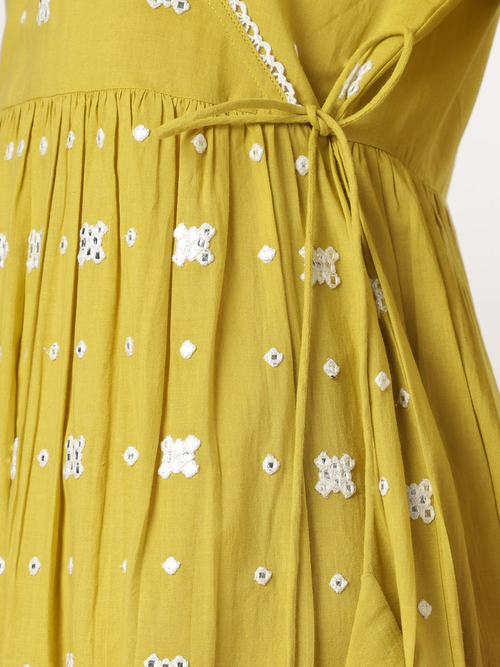 Yellow Cotton Angrakha Embroidered 3-Piece Kurta Set
