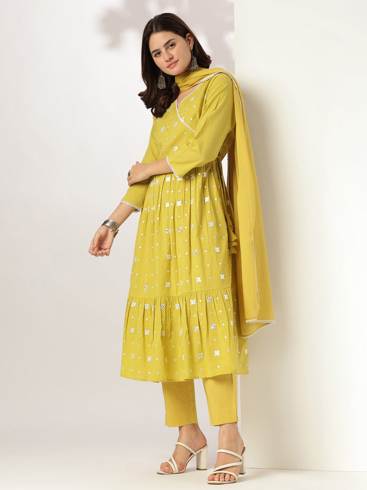 Yellow Cotton Angrakha Embroidered 3-Piece Kurta Set