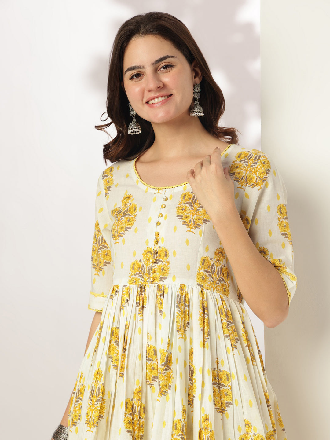 Off-White & Yellow Cotton Floral Printed 3-Piece Kurta Set