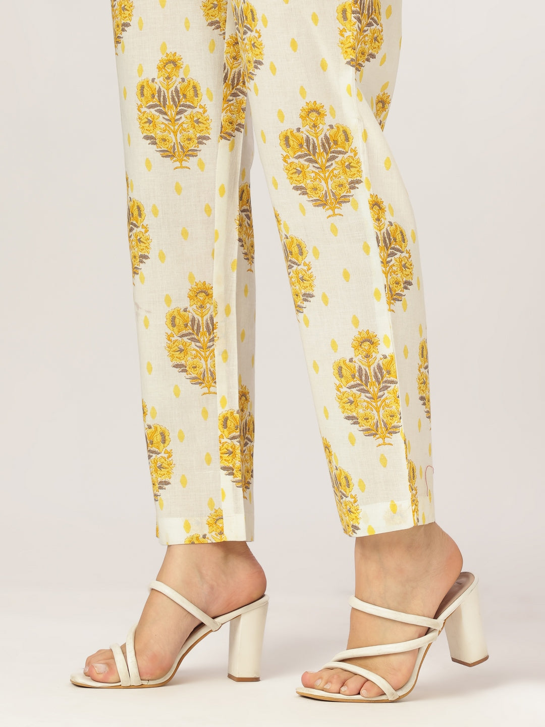 Off-White & Yellow Cotton Floral Printed 3-Piece Kurta Set