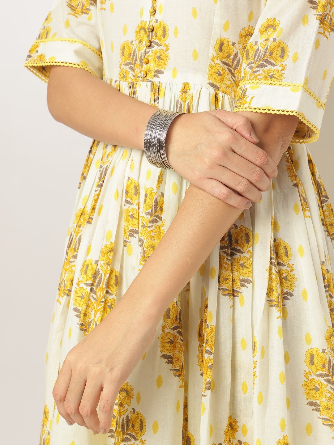 Off-White & Yellow Cotton Floral Printed 3-Piece Kurta Set