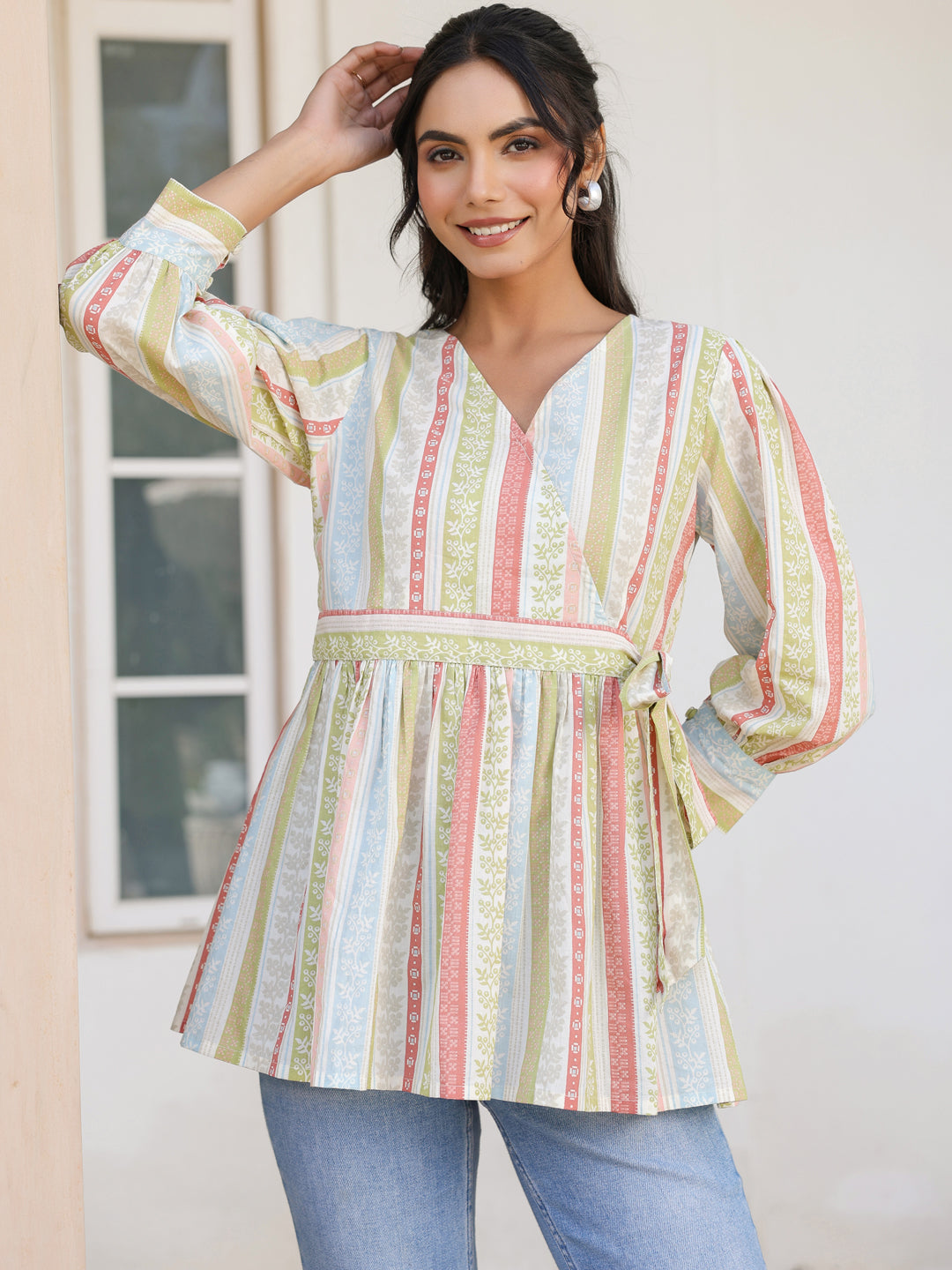 Off White Cotton Floral Peplum Top