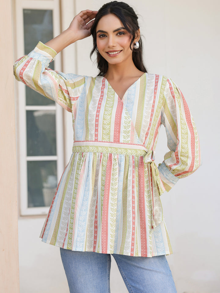 Off White Cotton Floral Peplum Top