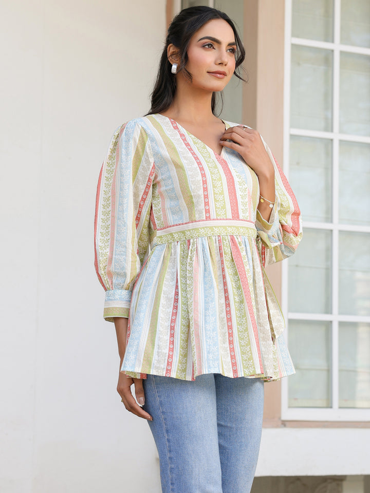 Off White Cotton Floral Peplum Top