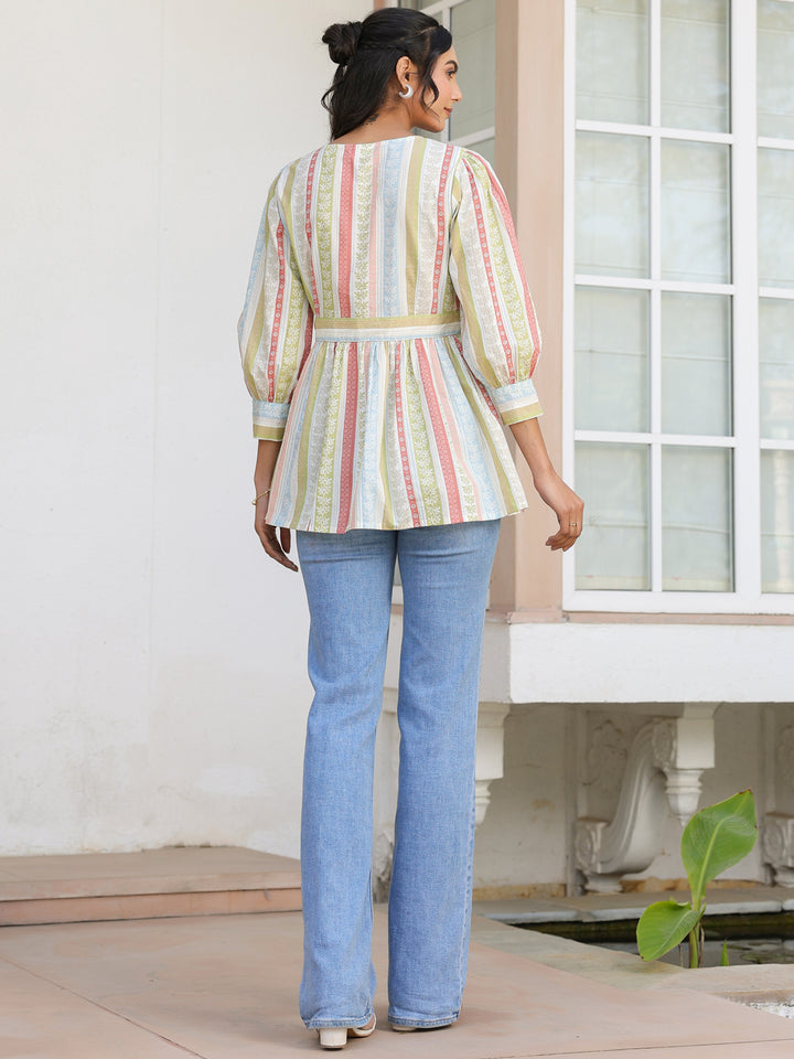 Off White Cotton Floral Peplum Top