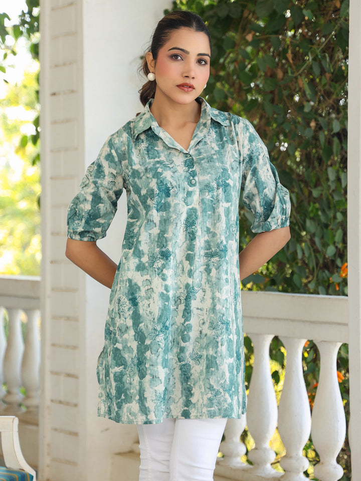 Aqua Green Cotton Tie & Dye Shirt Collar Tunic Only