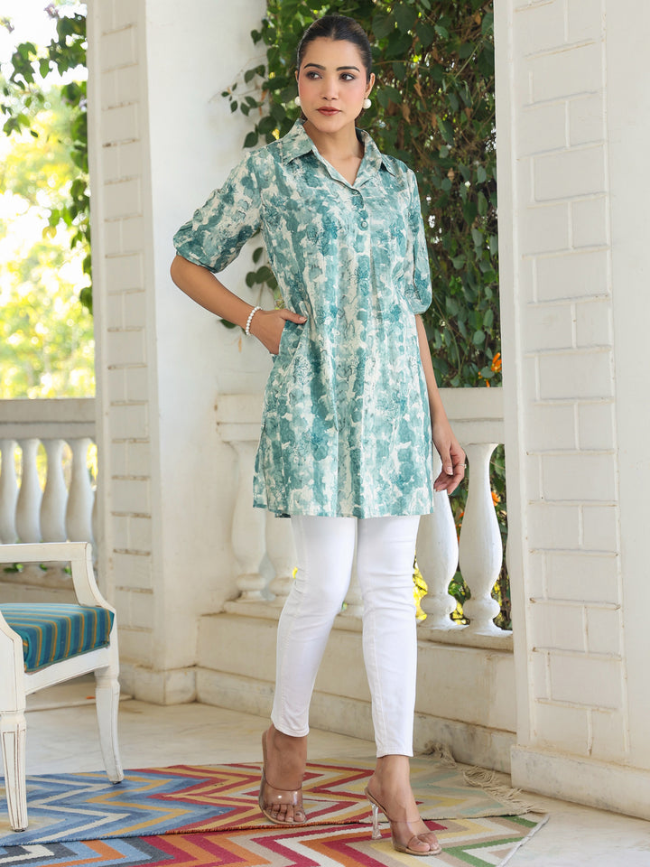Aqua Green Cotton Tie & Dye Shirt Collar Tunic Only