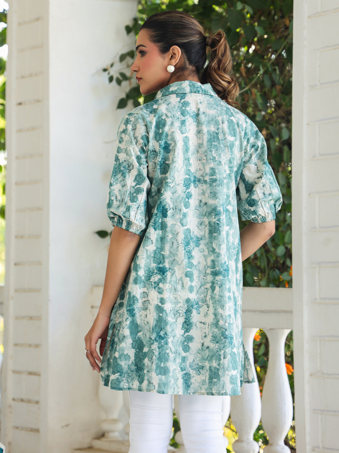 Aqua Green Cotton Tie & Dye Shirt Collar Tunic Only