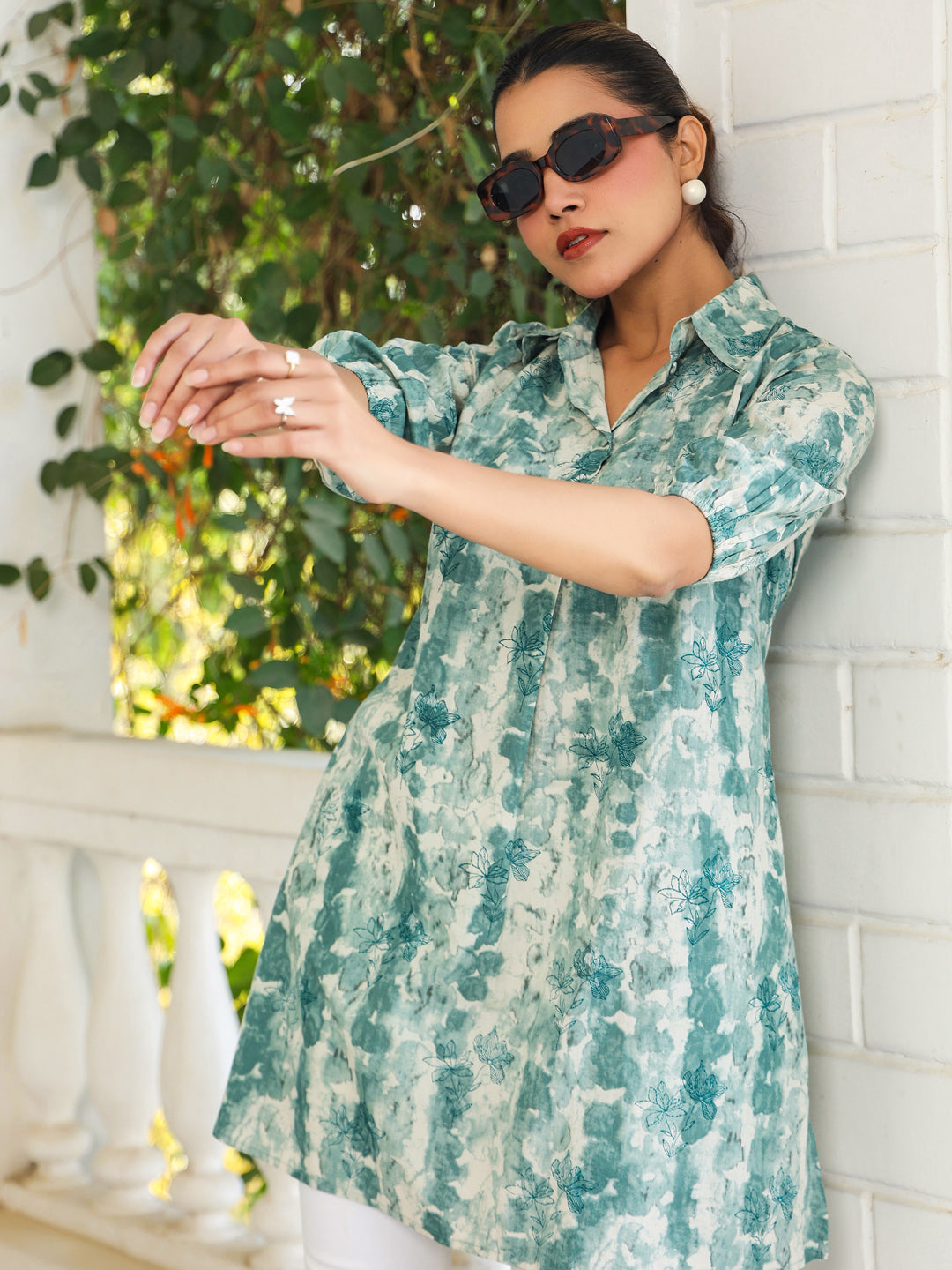 Aqua Green Cotton Tie & Dye Shirt Collar Tunic Only