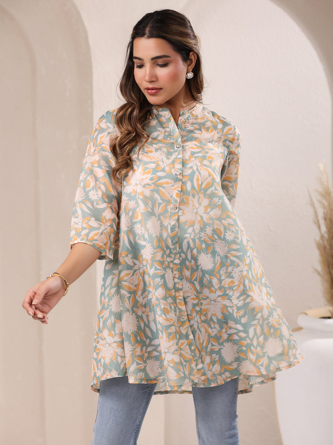 Sage Cotton Blend Floral A-Line Tunic Only